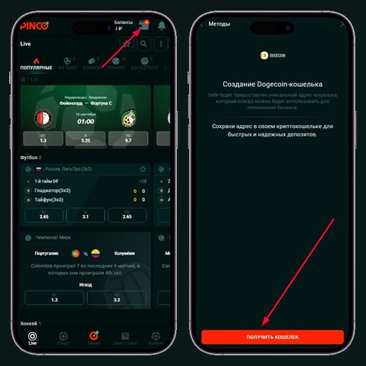 Интерфейс для внесения депозитов криптовалютой